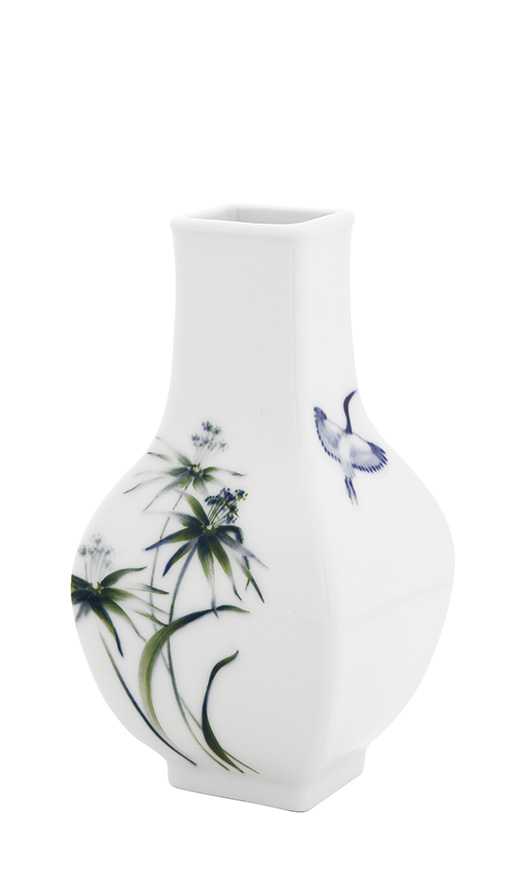 Meissen Vase blaugrüne Gräser mit blauem Ibis
